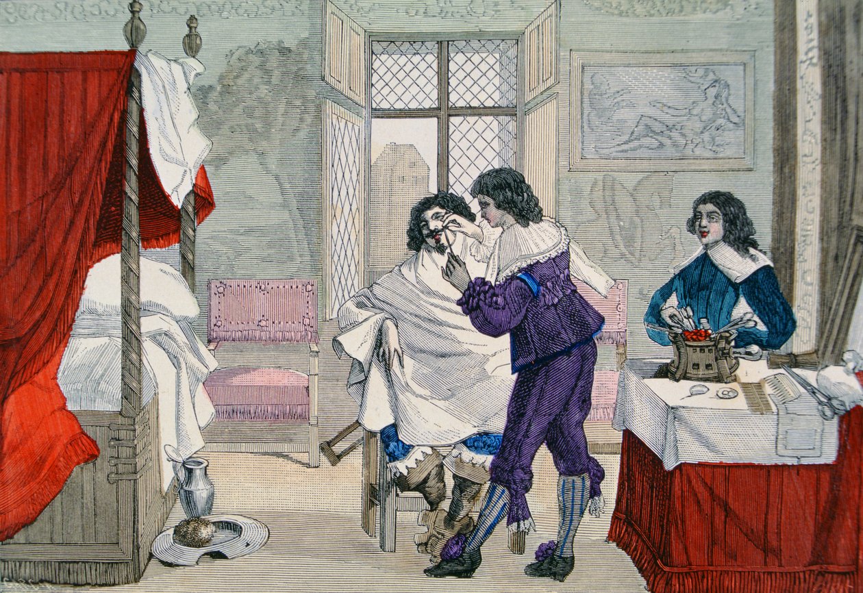 Interiör i en frisörsalong under Ludvig XIII (1601-43) från "Costumes de Paris a Travers les Siecles" ed. Roy, publicerad 1887 (färggravyr) av Garcia