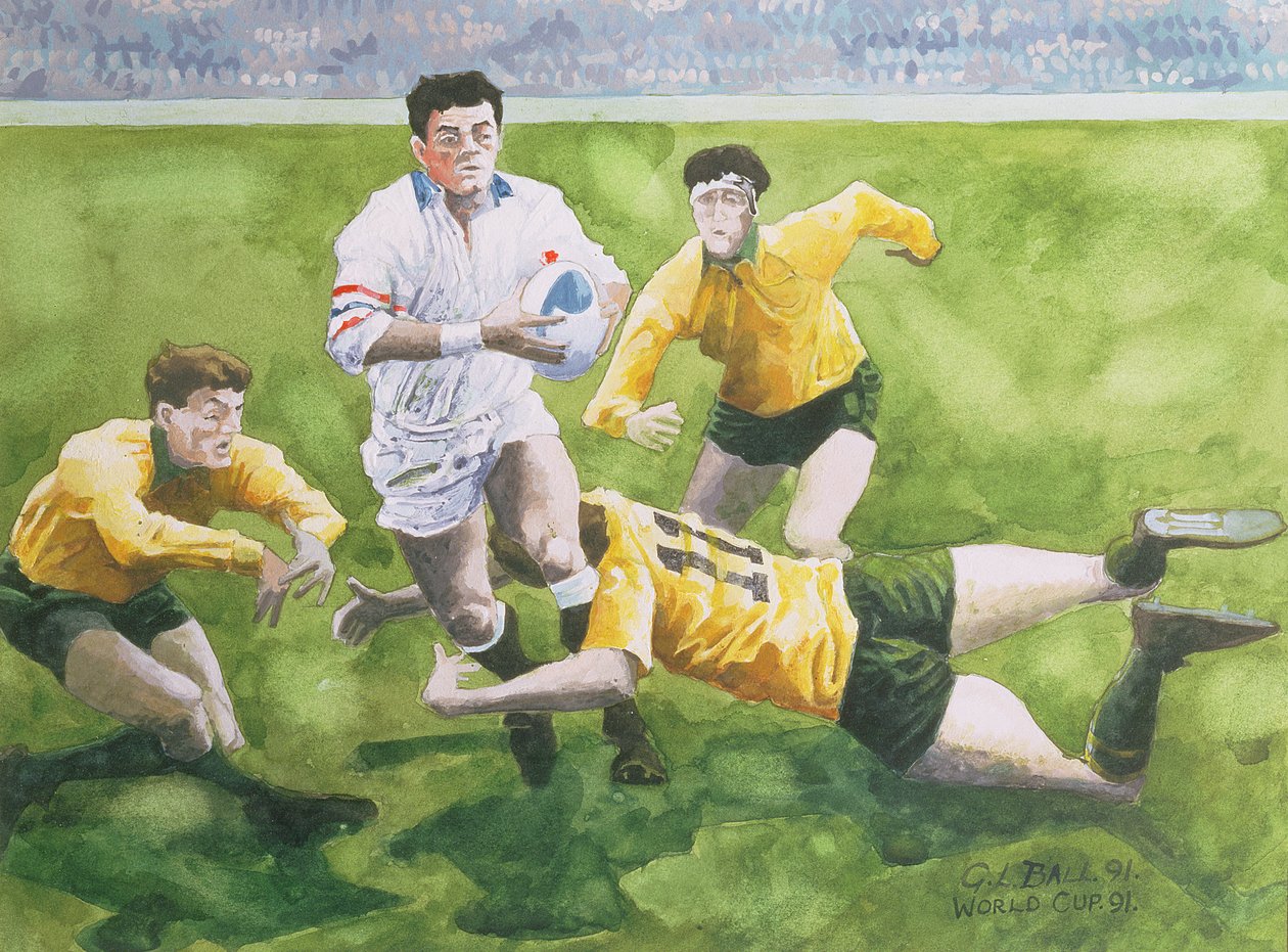 Rugbymatch: England mot Australien i världscupfinalen 1991, Will Carling tacklas (wc) av Gareth Lloyd Ball
