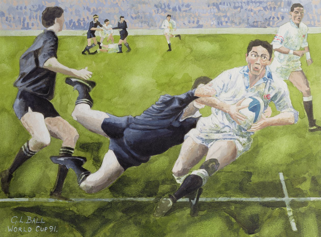 Rugbymatch: England mot Nya Zeeland i världscupen 1991, Rory Underwood tacklas (wc) av Gareth Lloyd Ball