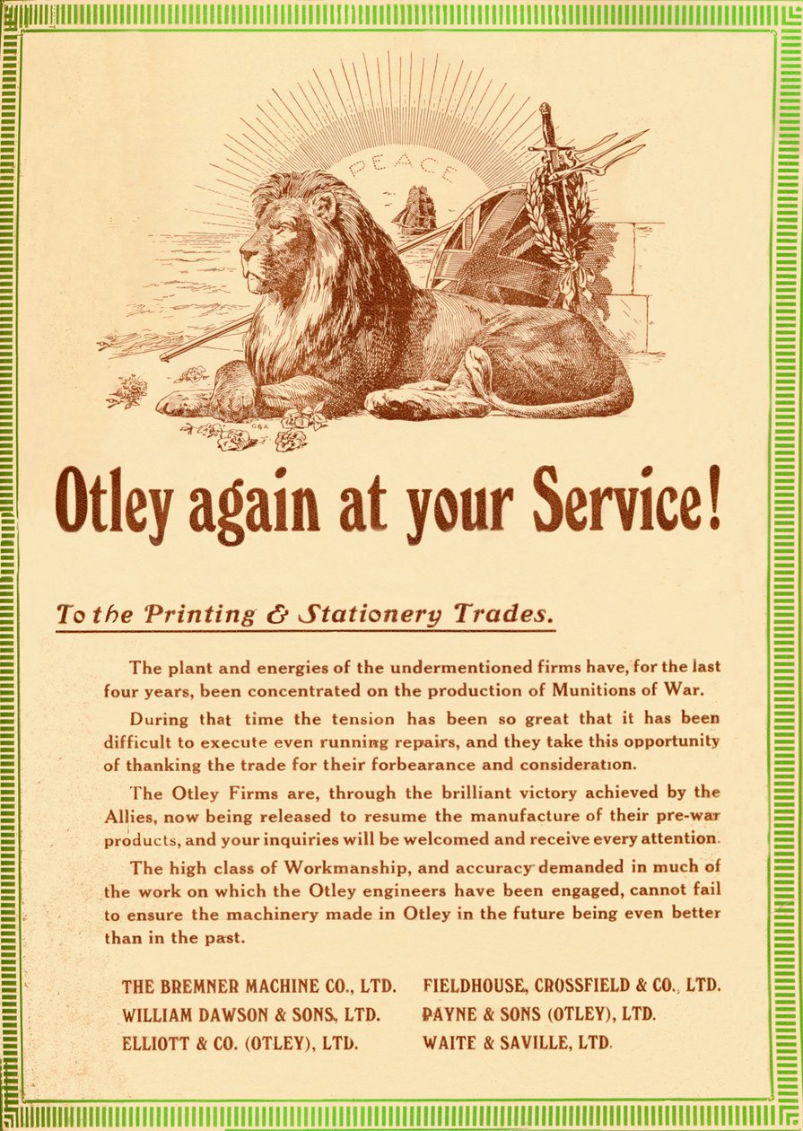 Otley igen till din tjänst - Till tryckeri- och pappershandeln, 1919 av Garratt and Atkinson