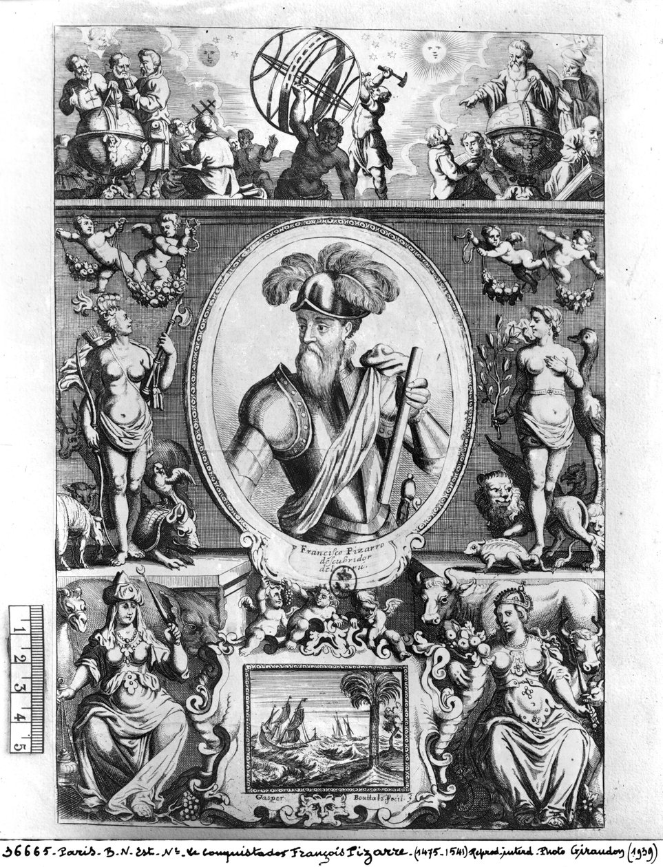 Porträtt av Francisco Pizarro (1475-1541) med allegoriska figurer av Gaspar Bouttats