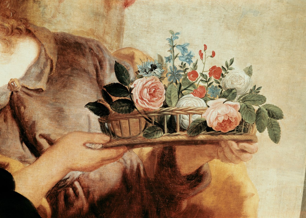 Vor Frue af rosenkransen, detalje af kurven med blomster swed av Gaspar De Crayer
