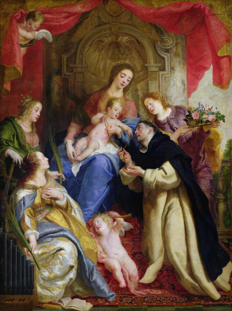 Jungfrun erbjuder rosenkransen till St. Dominic, 1641 av Gaspar De Crayer
