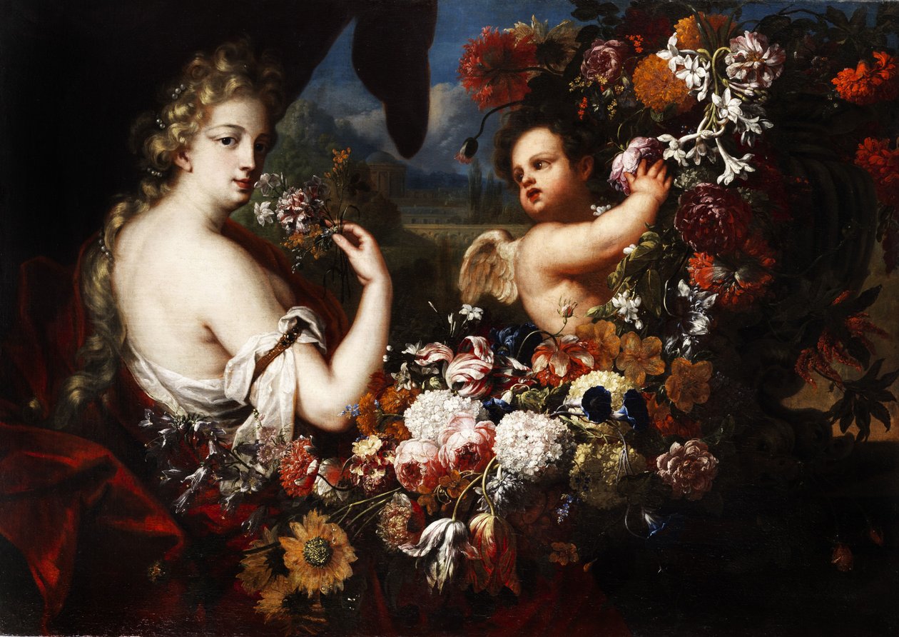Venus und Amor in Blütengirlanden av Gaspar Pieter II Verbruggen