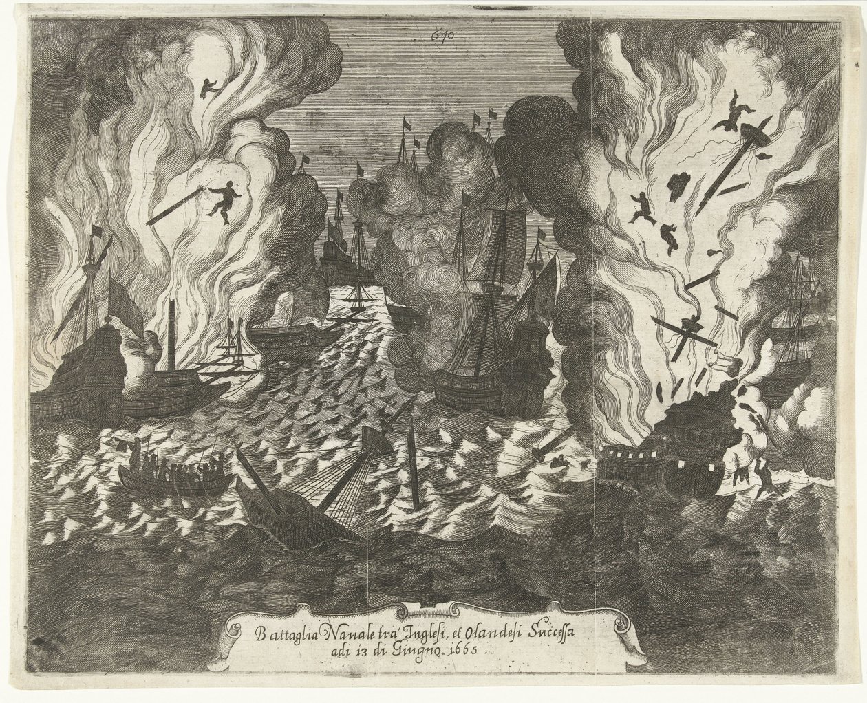 Slaget vid Lowestoft, 1665 Sjöstrid mellan engelsmännen och holländarna successivt den 13 juni 1665 (titel på objekt) av Gaspar Bouttats (attributed to)