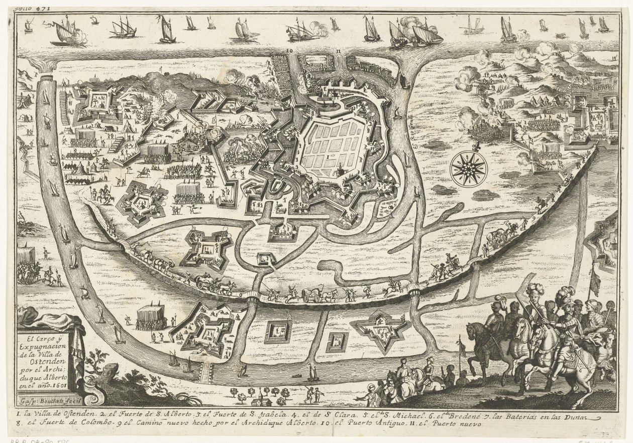 Beleg van Oostende, 1601 Belägringen och utmaningen av Villa de Ostenden av ärkehertig Alberto år 1601 (titel på objekt) av Gaspar Bouttats
