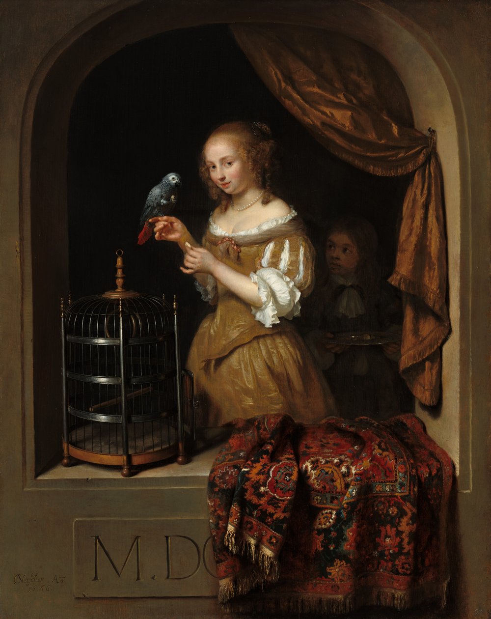 En kvinna som matar en papegoja, med en sida, 1666. av Gaspar Netscher