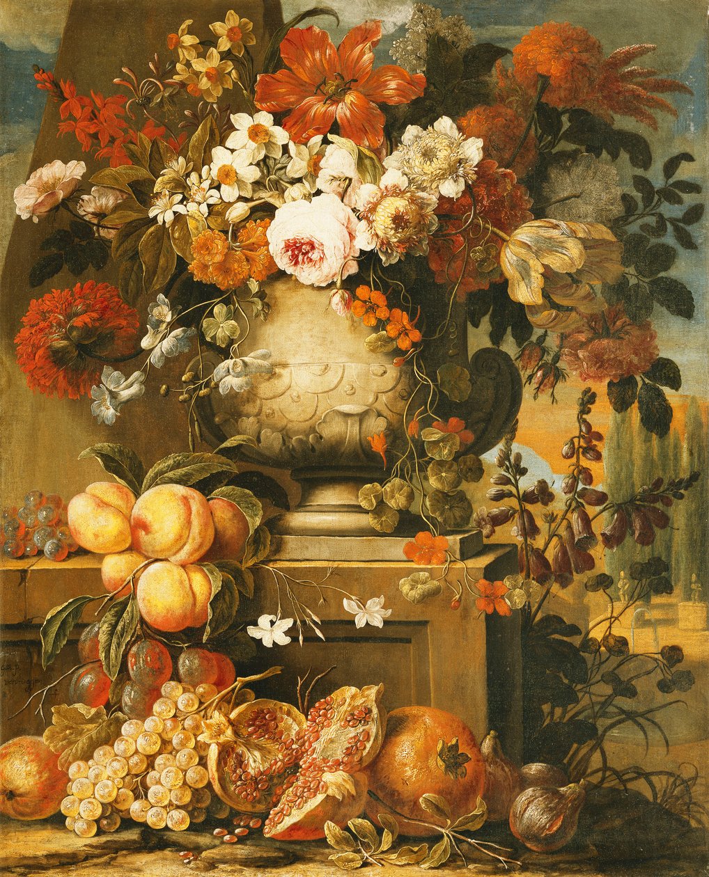 Blommor i urnor på socklar med frukt, av Gaspar Pieter II Verbruggen