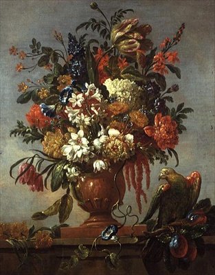Stilleben av blommor i en urna, med en röd papegoja av Gaspar Pieter II Verbruggen