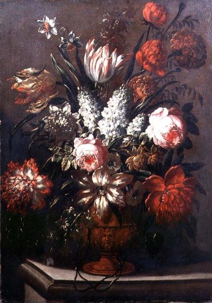 Stilleben av tulpaner, pioner, påskliljor och andra blommor (olja på duk) av Gaspar Pieter II Verbruggen