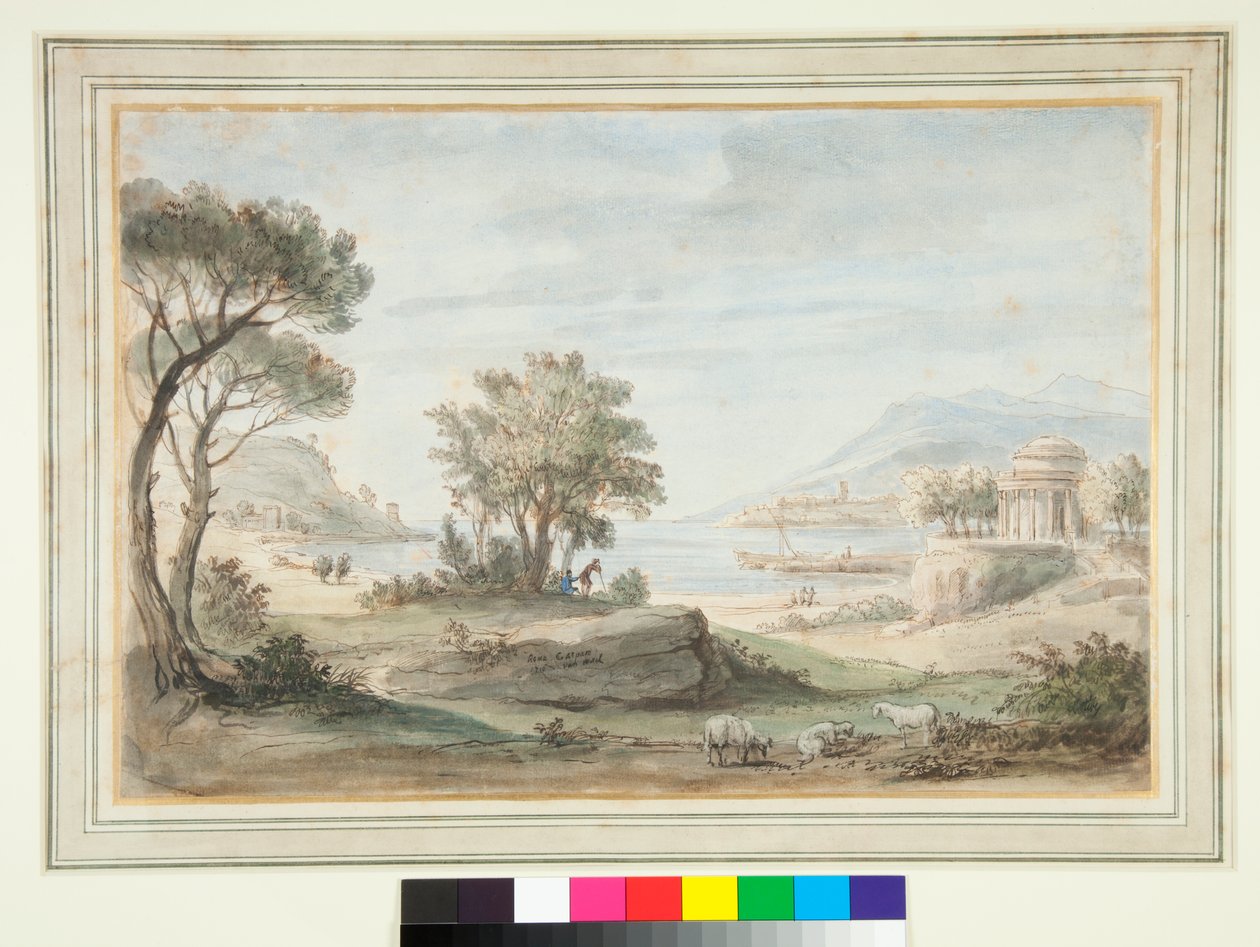 Landskap med ett runt tempel (penna och brunt bläck och färgade tvättar) av Gaspar van Wittel