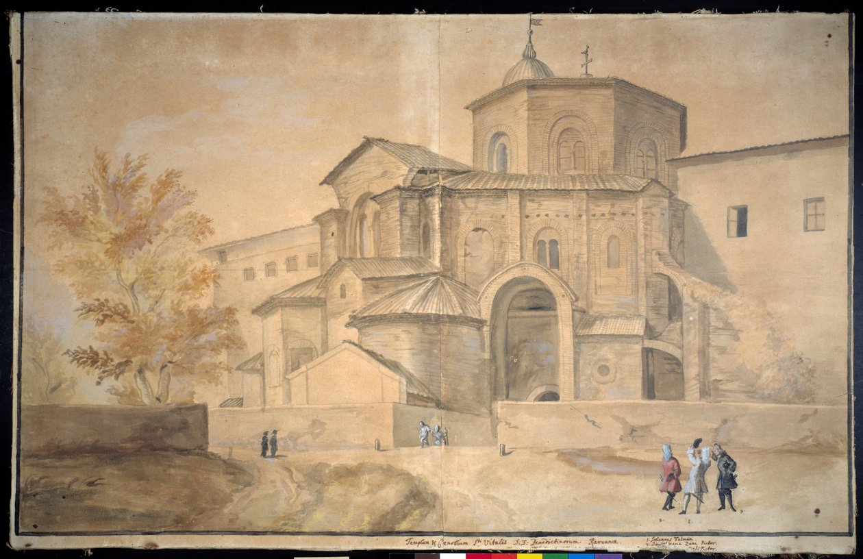 Basilica di San Vitale, Ravenna (penna och bläck med akvarell på papper) av Gaspar van Wittel