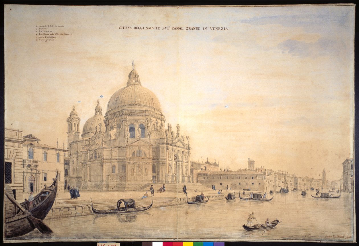 Chiesa della Salute, Canal Grande, Venedig (penna och bläck med akvarell på papper) av Gaspar van Wittel