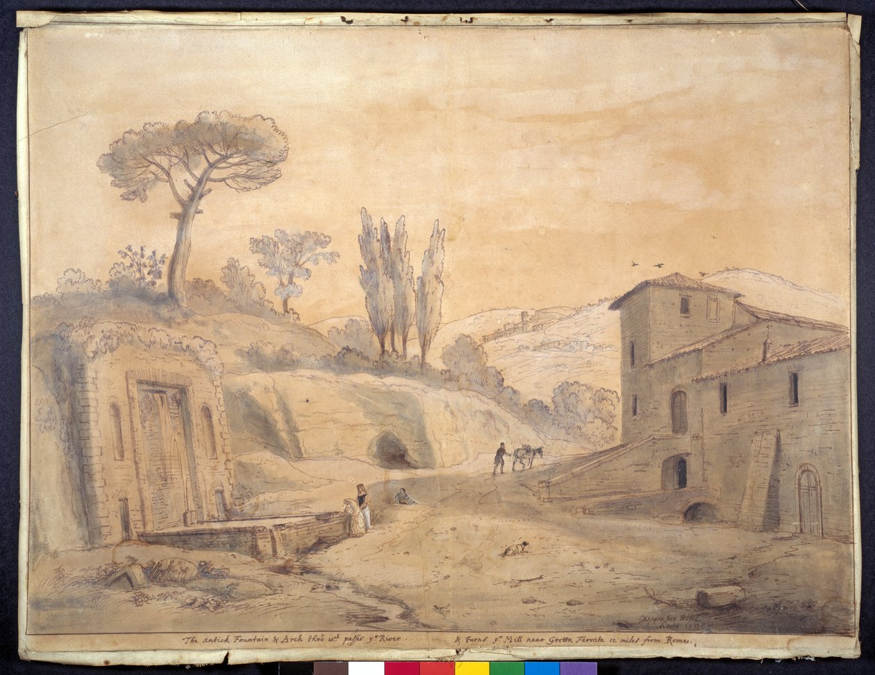 Den antika fontänen och bågen vid Grottaferrata, Rom (penna och bläck med akvarell på papper) av Gaspar van Wittel