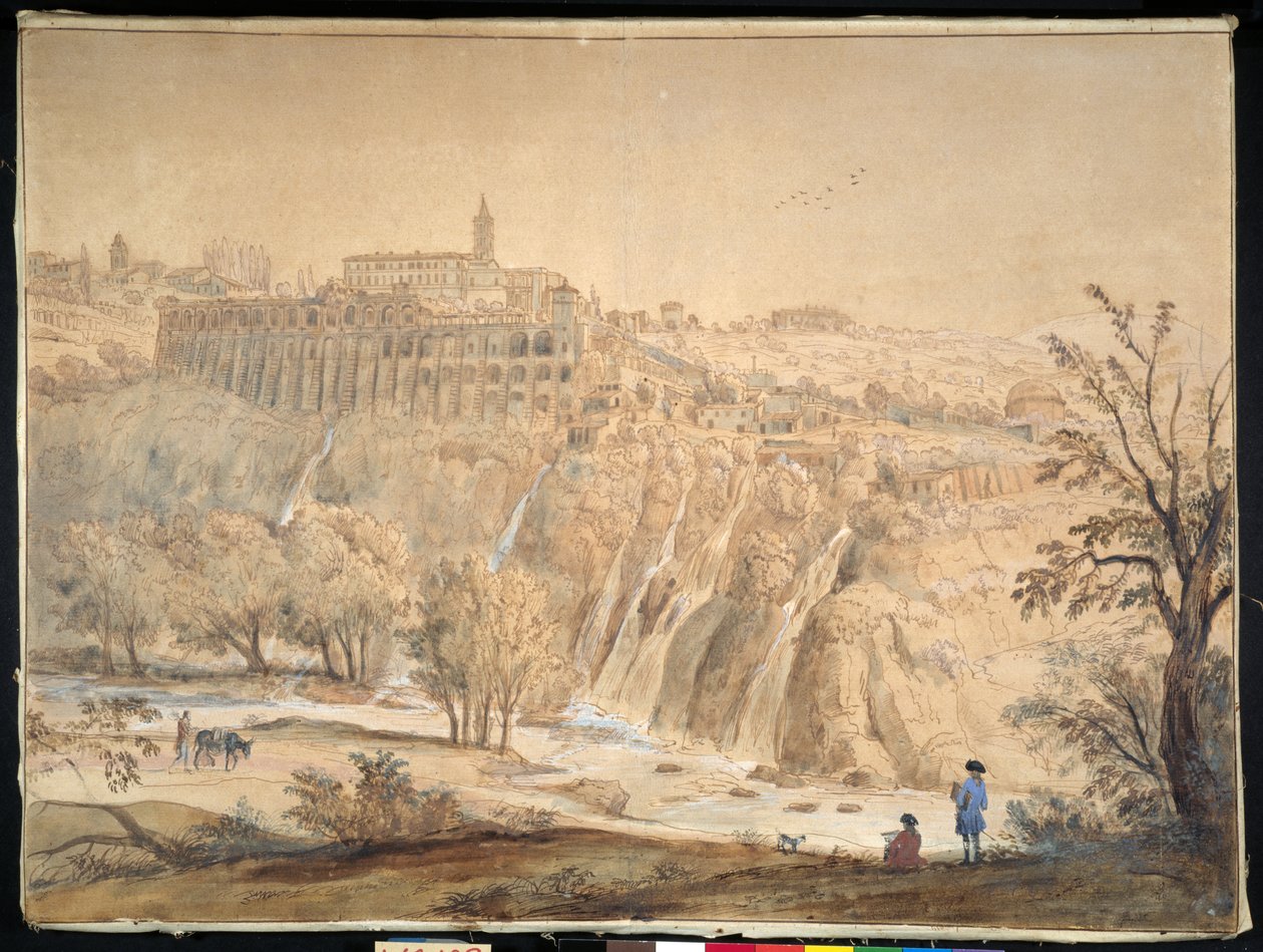 Utsikt över basilianska klostret i Grottaferrata, Rom (penna och bläck med akvarell på papper) av Gaspar van Wittel