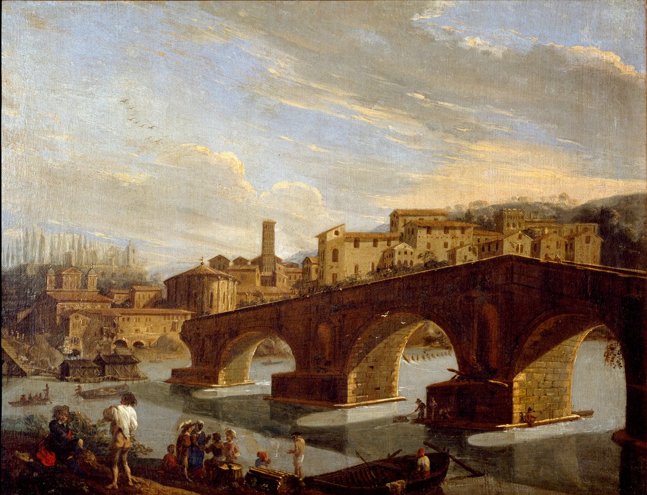 Utsikt över Tibern i nivå med brytbron i Rom Målning av Gaspare Vanvitelli (Gaspar van Wittel, Caspar Van Vitelli) (1653-1736) Dim 39,5x51 cm Milano, Galleria d