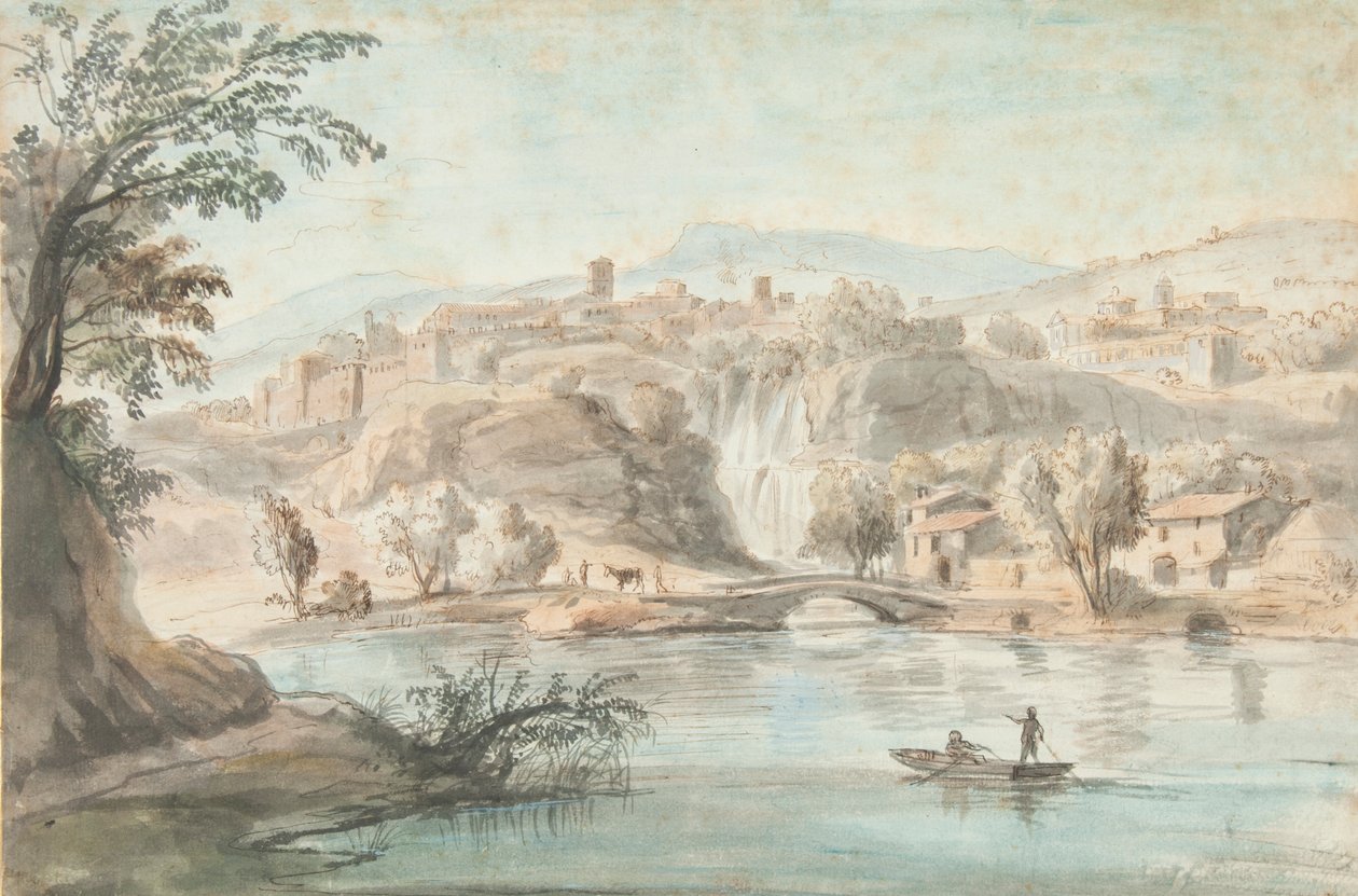Landskap i Tivoli, 1701-10 (penna, brunt bläck & färgade tvättar på papper) av Gaspar van Wittel