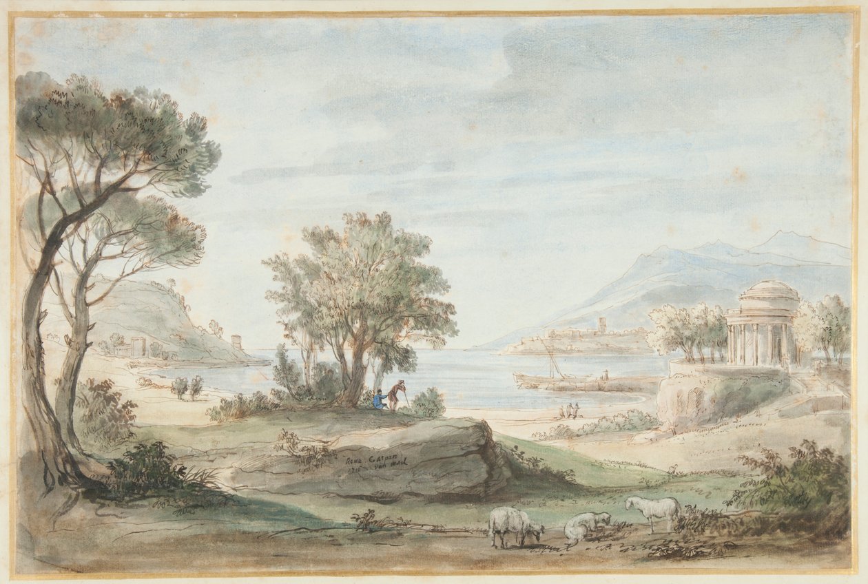 Landskap med ett runt tempel (penna, brunt bläck och färgade tvättar på papper) av Gaspar van Wittel