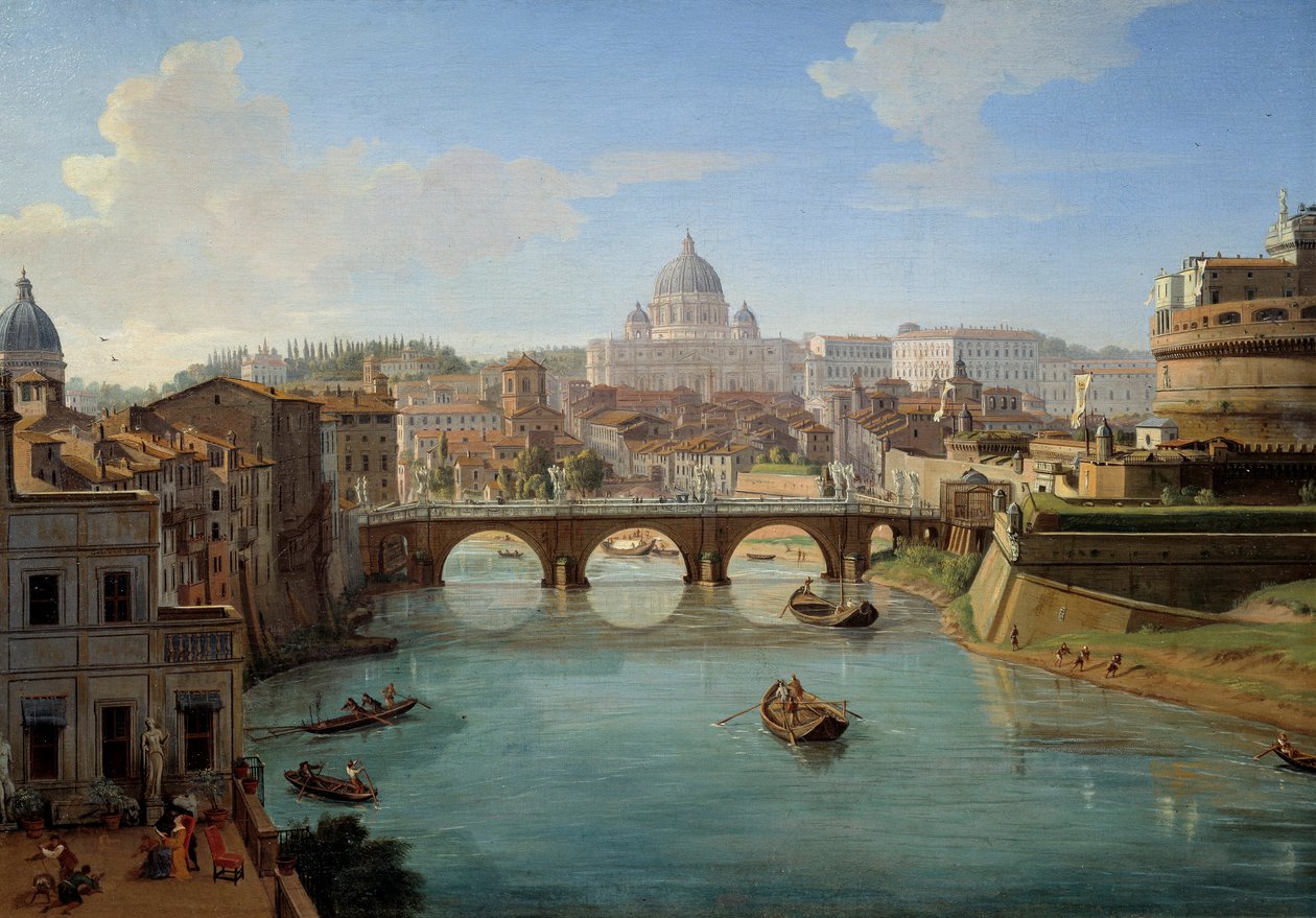 Utsikt över Peterskyrkan i Rom, detalj av målningen "" Utsikt över St. Angelos slott i Rom" Panorama över staden, Tibern och Castel Sant"Angelo, kejsar Hadrianus mausolee"" Målning av Gaspare Vanvitelli av Gaspar van Wittel