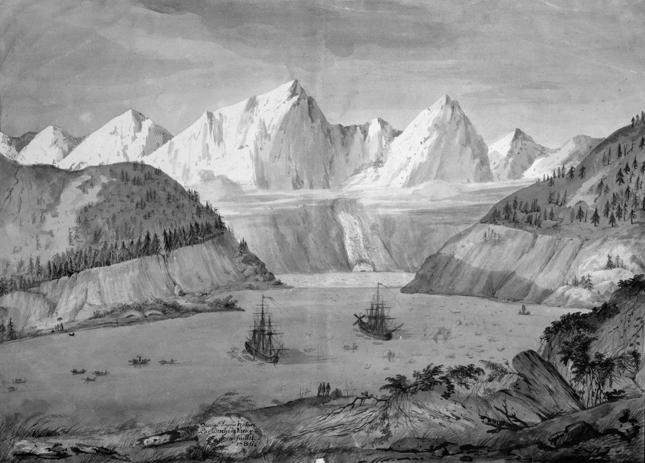 Le Port des Francais, Alaska, från "Voyage de La Perouse", juli 1786 (penna, bläck och tvätt på papper) (se även 375728) av Gaspard Duche de Vancy
