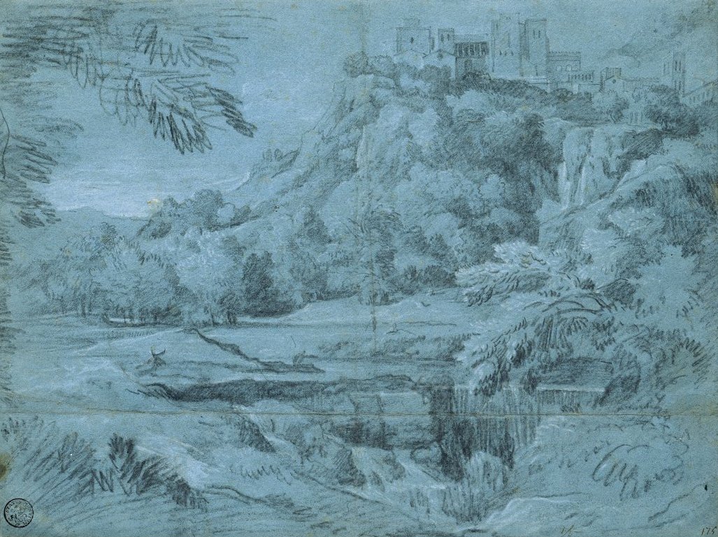 Landskap med Mountain Town och vattenfall av Gaspard Poussin Dughet