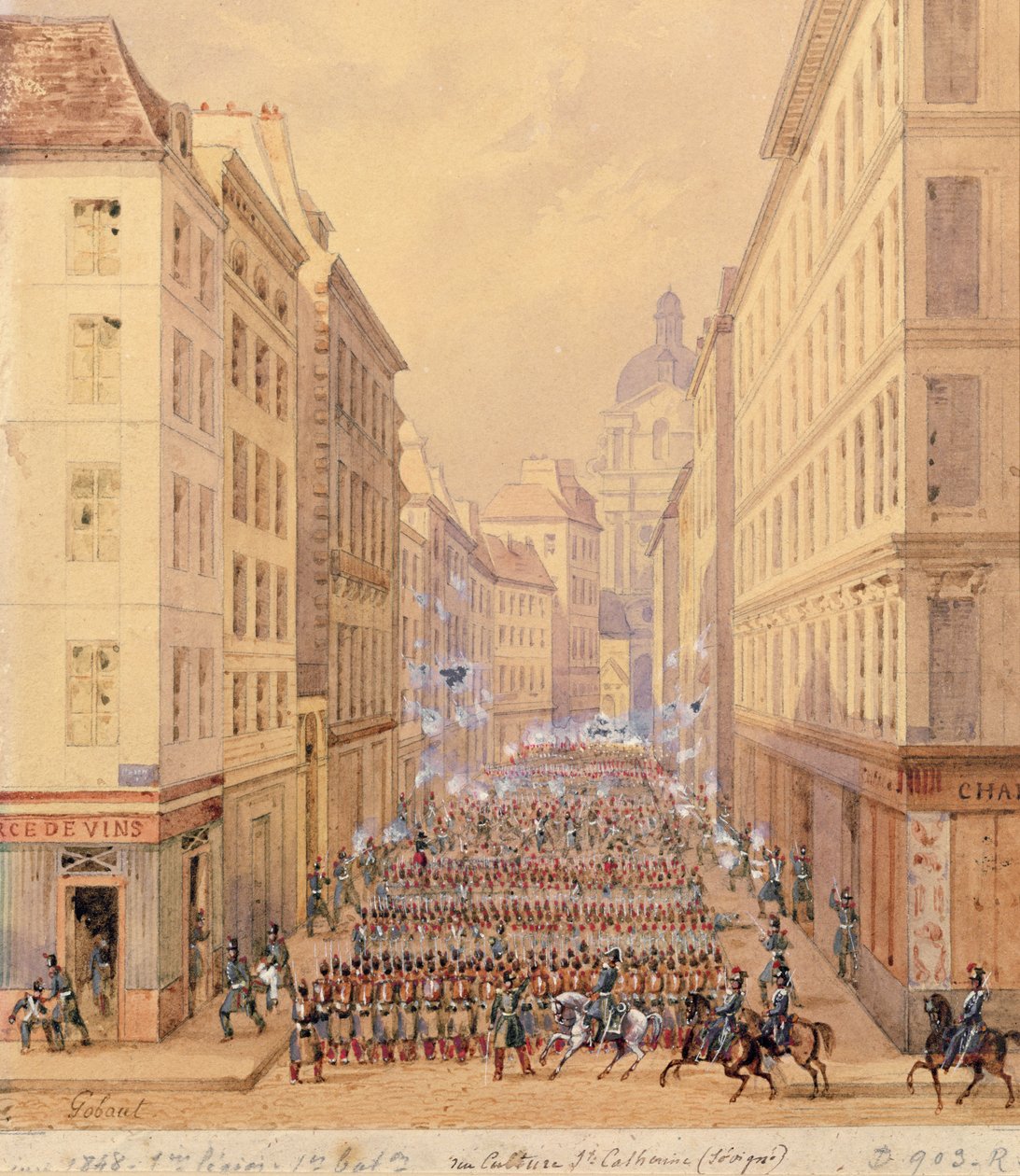 Första bataljonens mars, Rue Culture Sainte-Catherine, 1 februari 1848 av Gaspard Gobaut