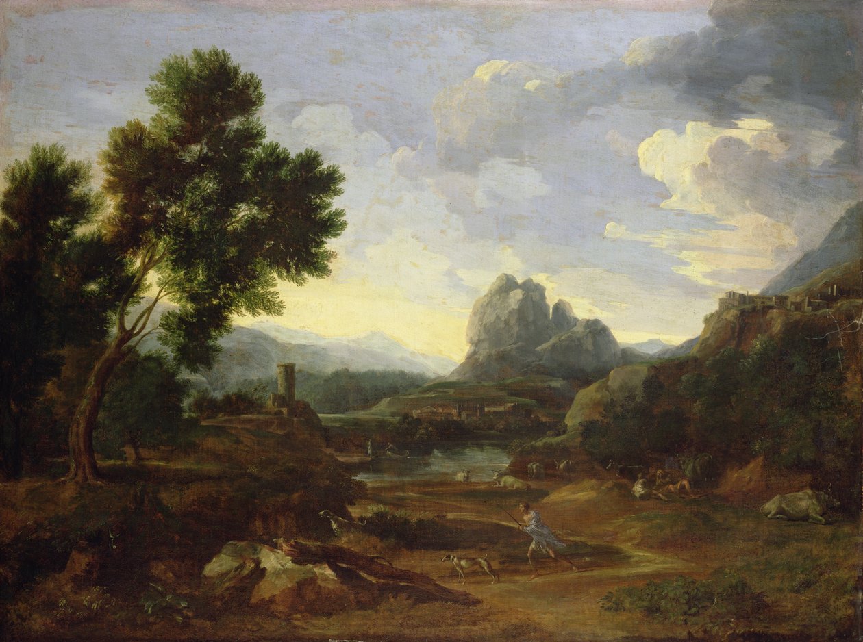 Landskap med jägare och hundar av Gaspard Poussin Dughet