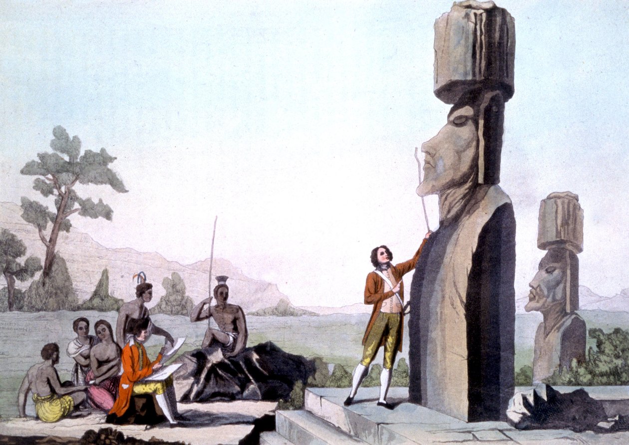 La Perouse med sin besättning, mäter statyerna på Påskön (1786), gravyr av Gaspard (after) Duche de Vancy