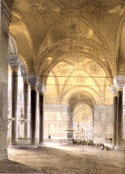 Hagia Sophia, tallrik 7: ingång till långhuset, graverad av Louis Haghe (1806-85) publicerad 1852 (lito) av Gaspard (after) Fossati