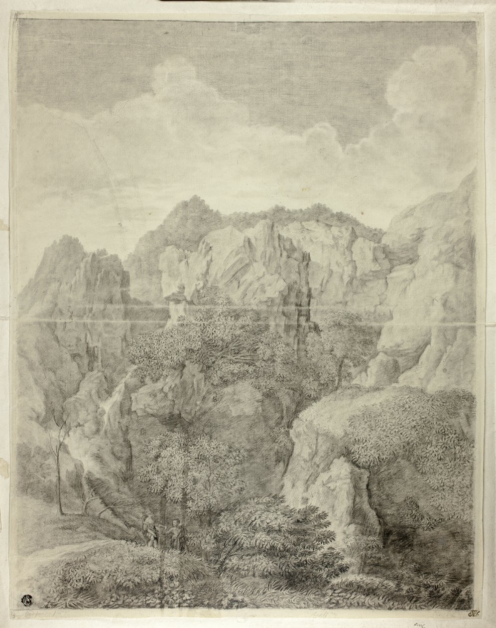 Bergslandskap med två figurer i förgrunden av Gaspard Dughet