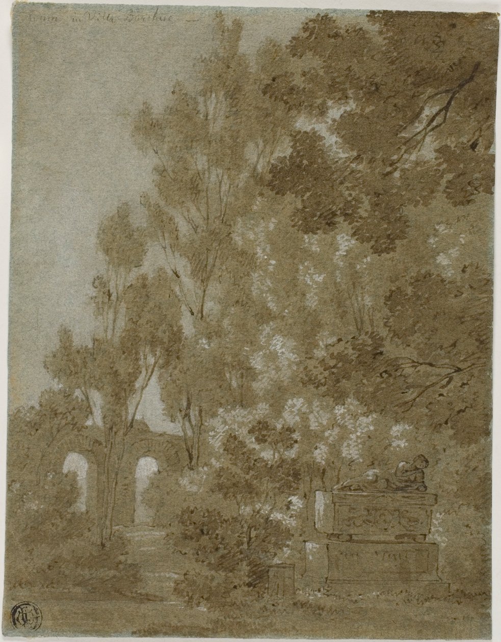 Utsikt över ruinerade valvbågar och grav i Villa Borghese av Gaspard Dughet