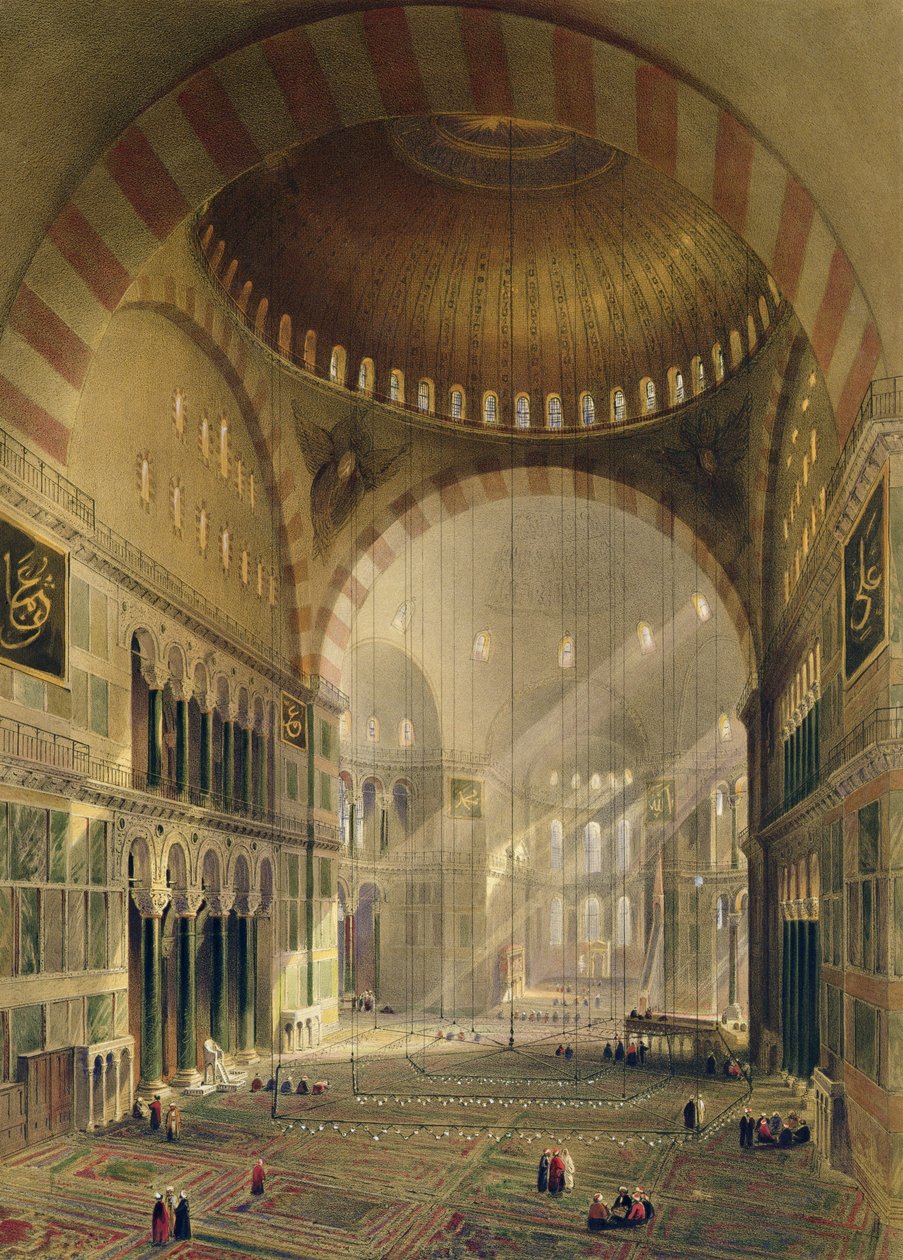 Hagia Sophia, skylt 24: insidan av den centrala kupolen med sänkta ljuskronor, graverad av Louis Haghe (1806-85) publicerad 1852 av Gaspard Fossati
