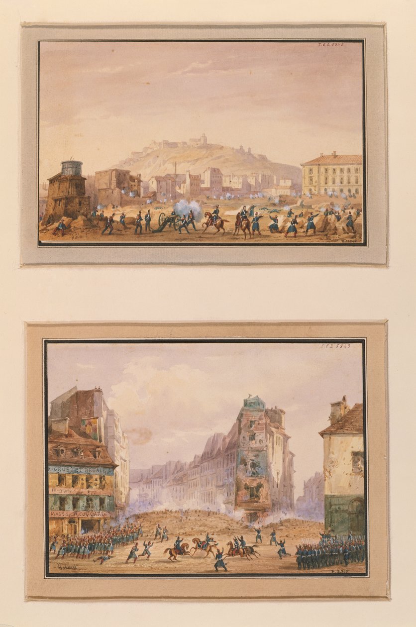 Attacken mot Clos Saint-Lazare i juni 1848 och attacken mot barrikaden vid ingången till Faubourg Saint-Antoine med general Francois de Negriers (1839-1913) död 25 juni 1848 (gouach) av Gaspard Gobaut