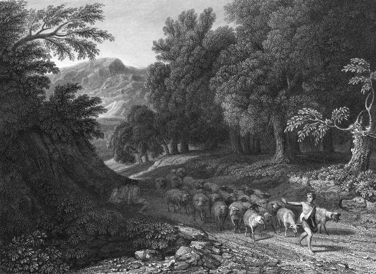 Landskap med herde och flock (gravyr) av Gaspard Poussin (after) Dughet