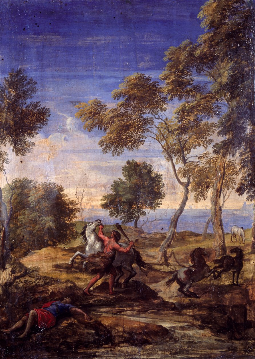 Kentaurernas strid på landsbygden (olja på duk) av Gaspard Poussin (school of) Dughet