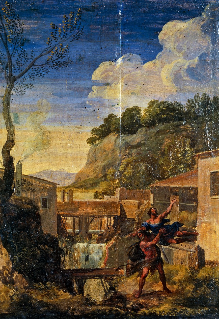 Landsbygd med Hercules och Antaeus (olja på duk) av Gaspard Poussin (school of) Dughet
