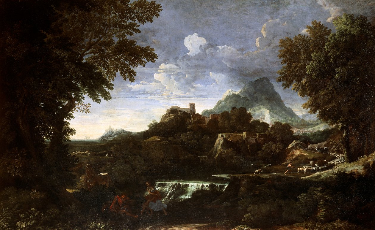 Landskap med Rinaldo och Armida (Erminia och Tancredi), av Gaspard Dughet (1615-1675), olja på duk av Gaspard Poussin Dughet