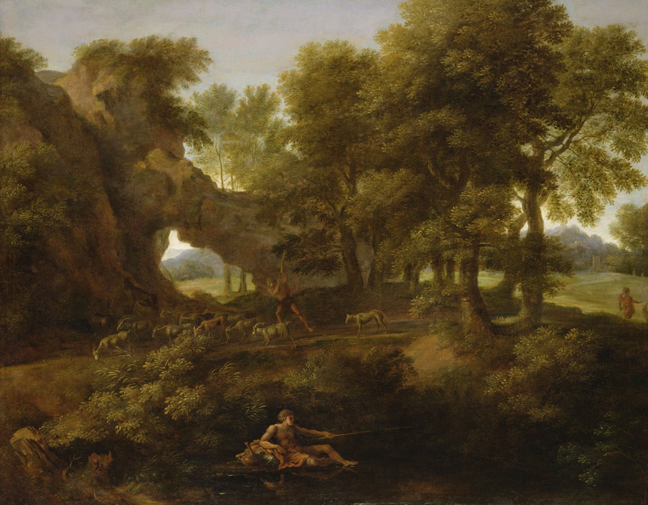 Landskap med en fiskare, en herde och andra figurer av Gaspard Poussin Dughet