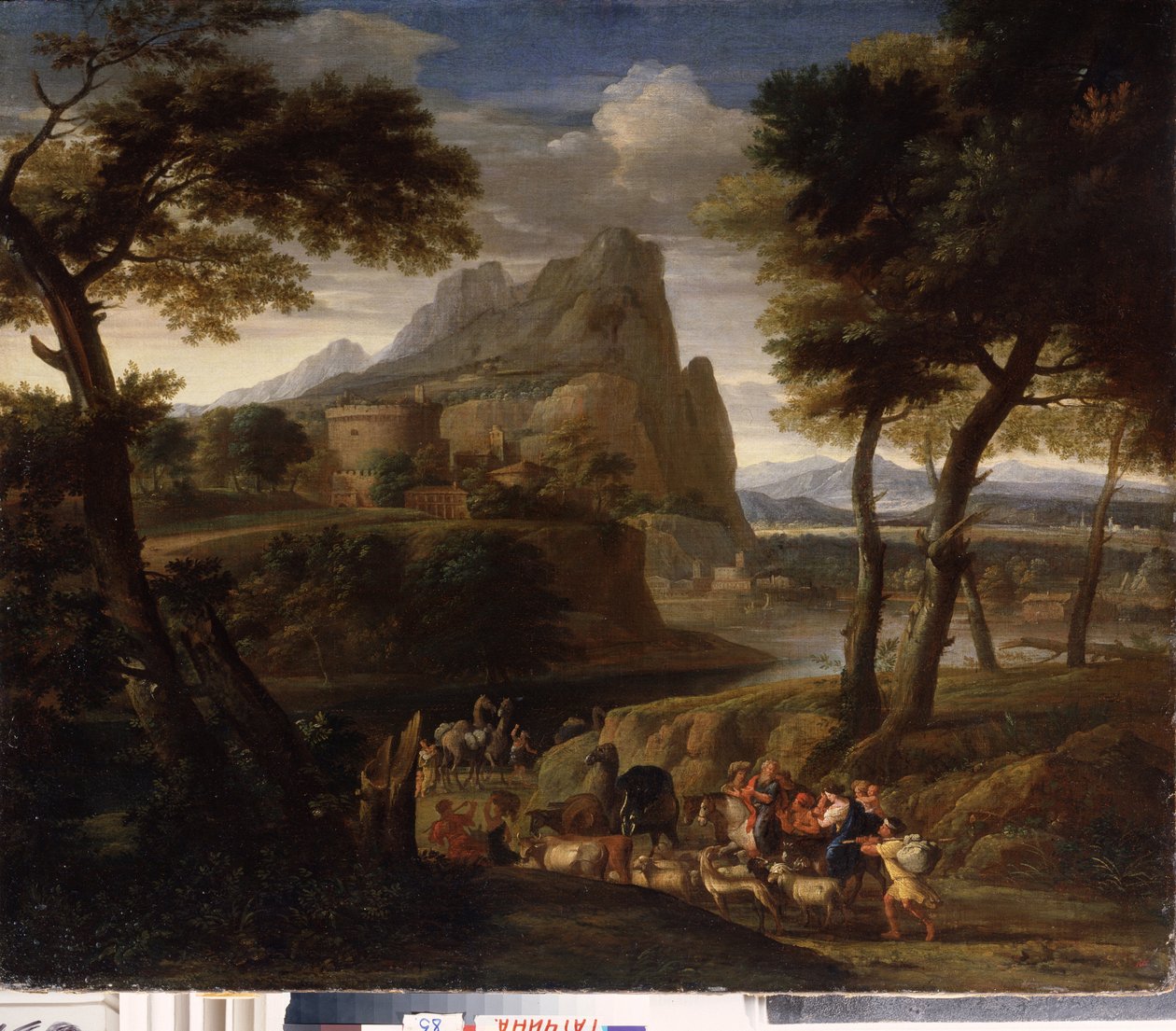 ""Landskap med en grupp av resenärer"" (Landskap med husvagn) Målning av Gaspard Dughet (1615-1675) 1600-talets statliga friluftsmuseum Palace Gatchina, Sankt Petersburg av Gaspard Poussin Dughet