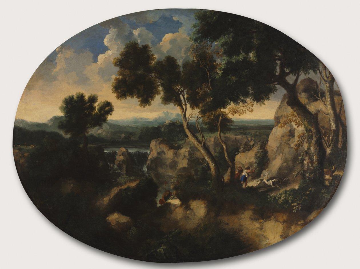 Stenigt landskap med jägare, c.1635 av Gaspard Poussin Dughet