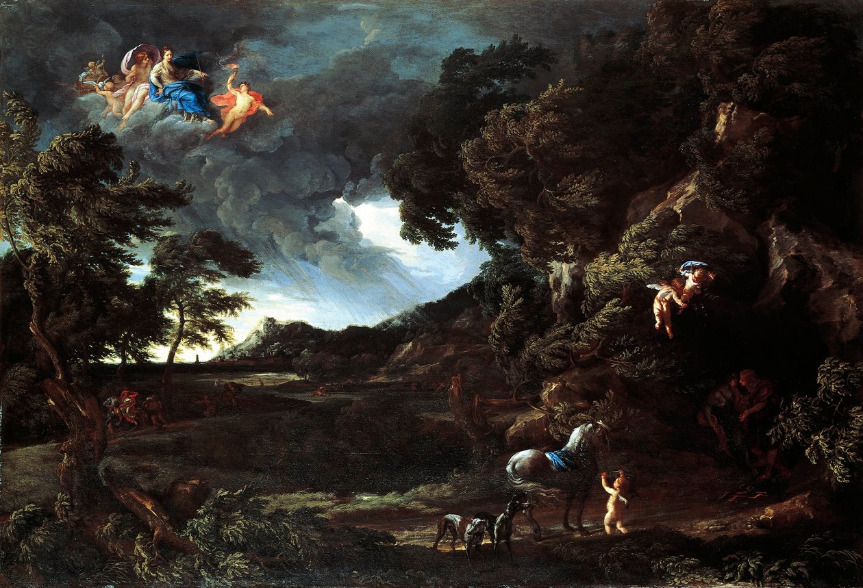 Landskap med unionen av Dido och Aeneas, ca 1664-48 (olja på duk) av Gaspard Poussin and Maratta or Maratti Carlo Dughet