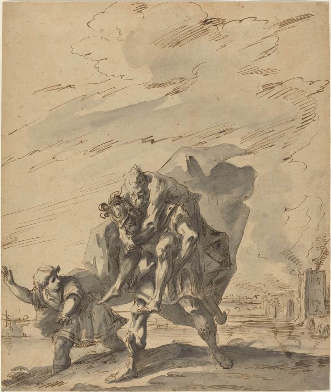 Aeneas bär anchises från Burning Troy av Gaspare Diziani
