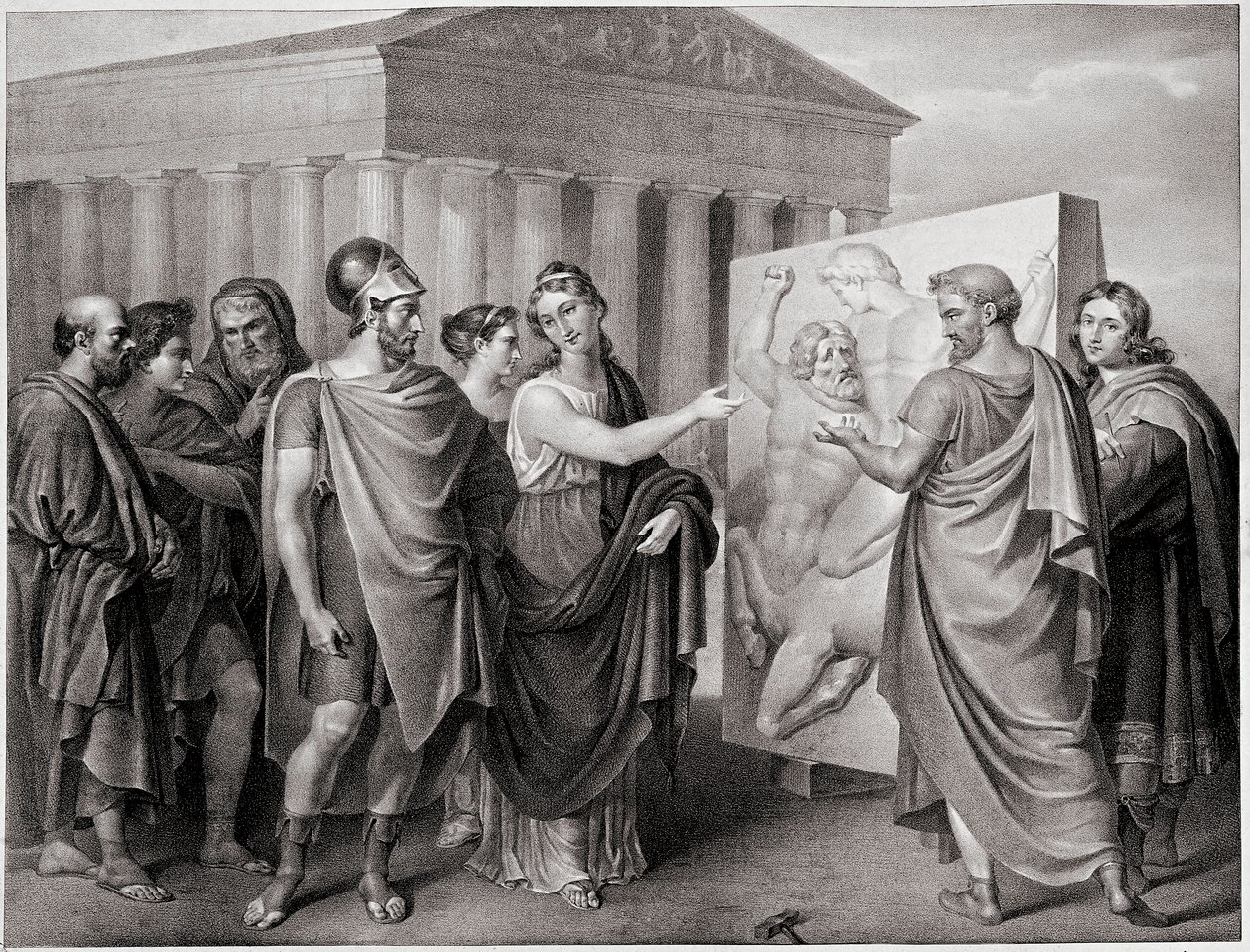Atenske politikern Pericles (495-429 f.Kr.) och Aspasie hans följeslagare regisserar Phidias arbete för Parthenon a Athenes (Pericles och Aspasia regisserar Phidias arbete för Parthenon i Aten) Gravyr efter en målning av Gaspare Landi (1756-1830). 19:e av Gaspare Landi