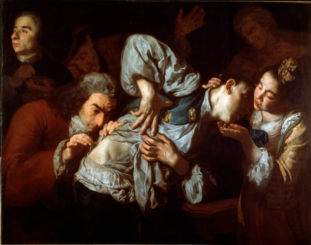Såren En skadad man undersöks av en läkare och lugnar av en ung kvinna. Målning av Gaspare Traversi (ca 1722-1770). 1752 ca. Sol. 100x127 cm Galleria dell