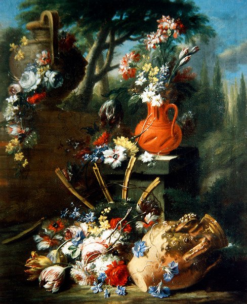 Ett stilleben av blommor i terrakottakrukor (olja på duk) av Gasparo Lopez