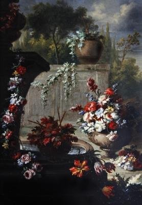 Stilleben av blommor i prydnadsvaser (olja på koppar) (par till 379514) av Gasparo Lopez
