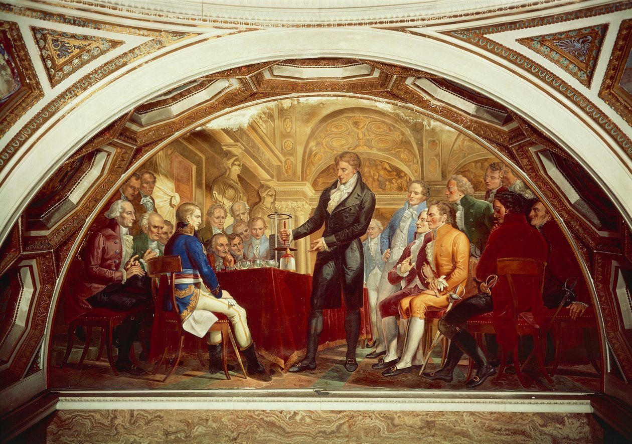 Alessandro Volta (1745-1827) visar upp sitt nyuppfunna batteri för Napoleon (1769-1821) på Institut de France i Paris, den 7 november av Gaspero Martellini