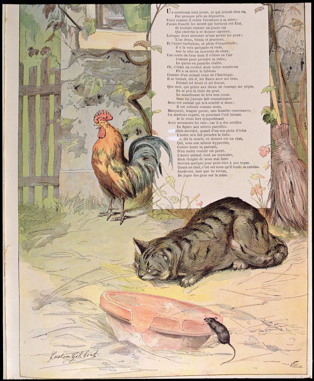 Den unga tuppen, katten och den unga musen, ur "Fabler" av Jean de La Fontaine (1621-95) 1888 (färggravyr) av Gaston Gelibert