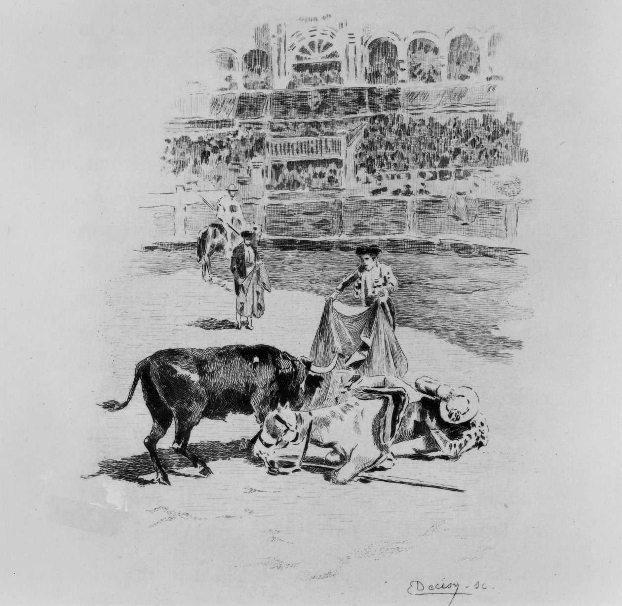 The Fall of a Picador, en illustration från Carmen av Prosper Merimee (1803-70) graverad av Eugene Decisy (1866-c.1936) av Gaston Vuillier