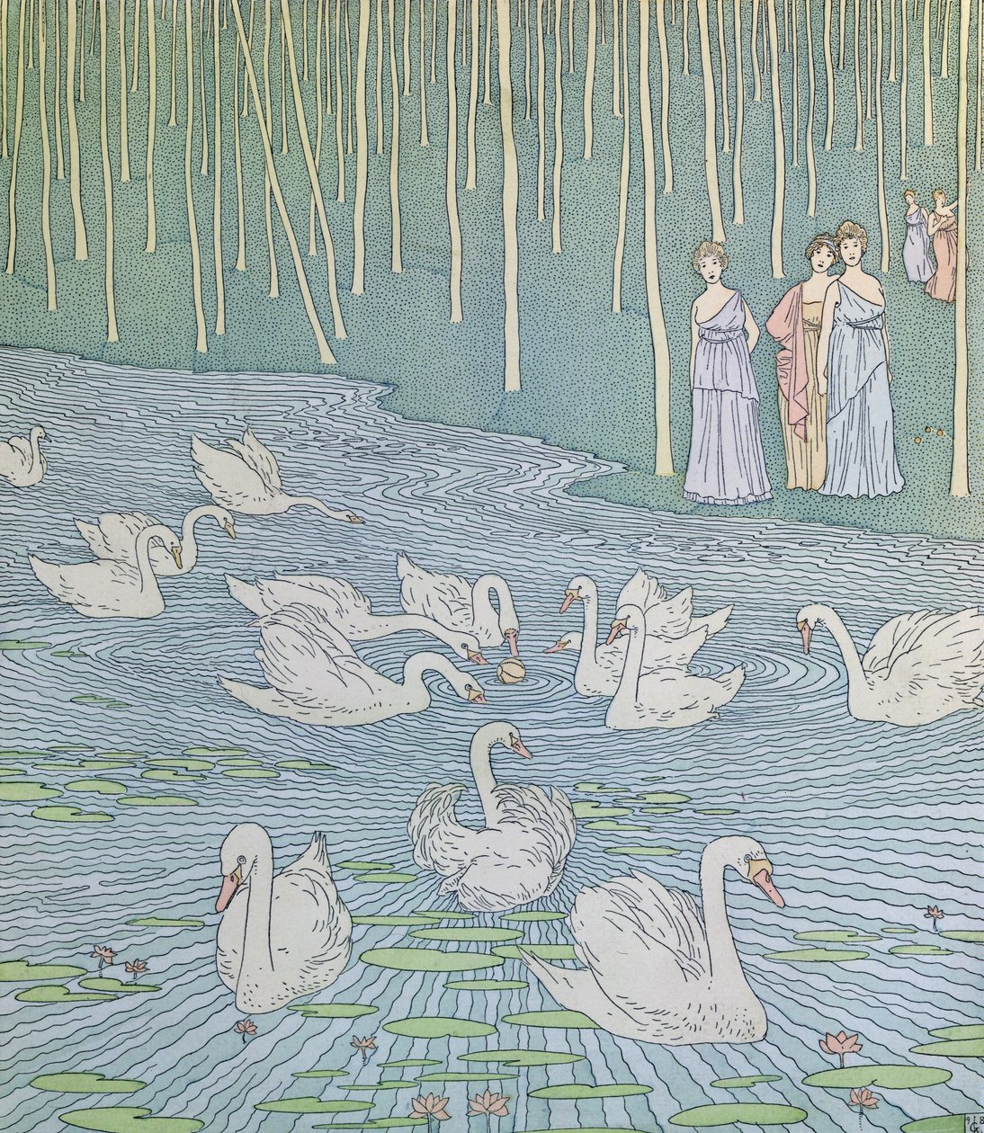 Nausicaa och hennes följeslagare leker med en boll, illustration från bok 6 i Odysséen, översatt av Lecomte de lIsle, ca 1900. av Gaston de Latenay